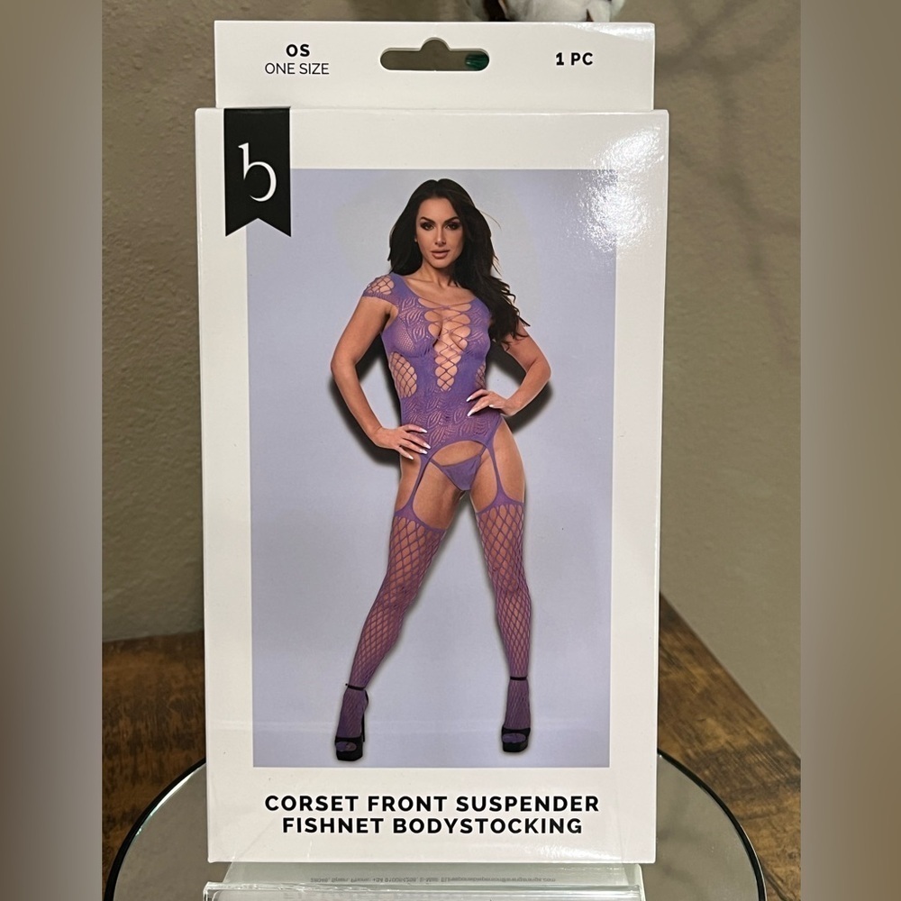 Baci Corset Front Suspender Fishnet Bodystocking in purple, new!